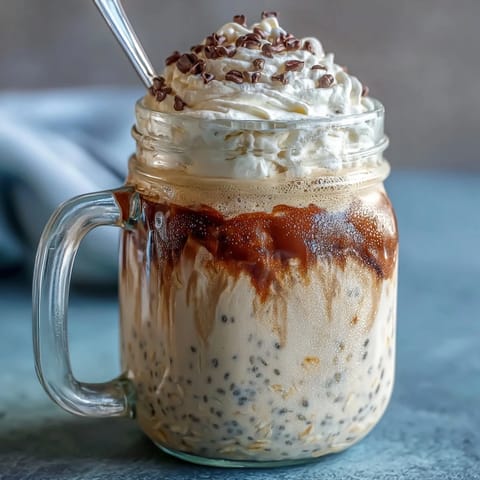 Vanilla Bean Frappuccino Overnight Oats in a glass jar, topped with whipped cream and chocolate chips.