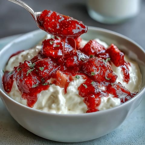 Strawberry compote drizzled over Greek yogurt with a hint of honey and fresh mint.  