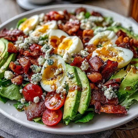 Spring Cobb Salad with Strawberries and Avocado, a vibrant mix of crisp greens, juicy berries, creamy avocado, and tangy feta, perfect for a light lunch.