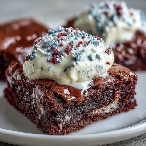 Festive 4th of July Firecracker Brownie Bites with creamy frosting and patriotic sprinkles on a red platter.