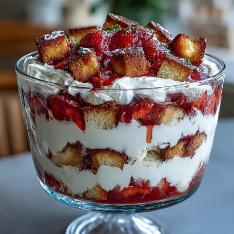 Beautiful layered Mothers Day Strawberry Shortcake Trifle with juicy red strawberries and fluffy whipped cream in a clear glass bowl.