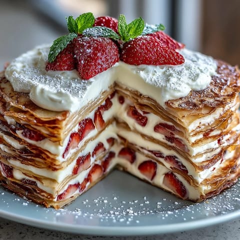 Layered strawberry crepe cake with fresh fruit and vanilla cream filling, perfect for elegant brunch or dessert.
