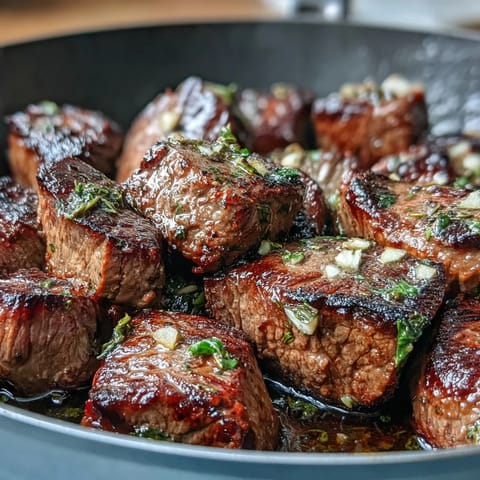 One-pan garlic herb steak bites with juicy seared sirloin and aromatic butter sauce.
