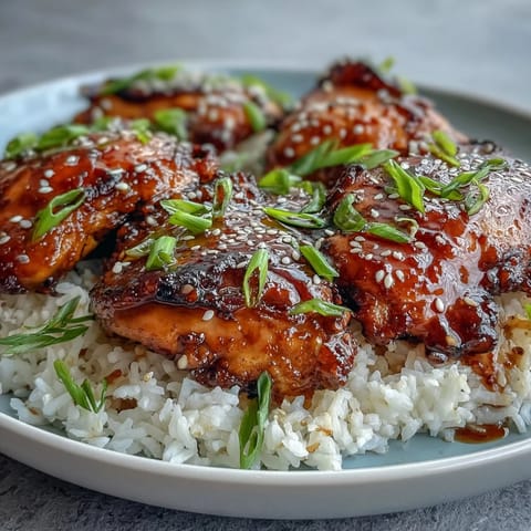 Slow cooker honey garlic chicken with tender thighs in a glossy sweet soy sauce, served over fluffy jasmine rice.  