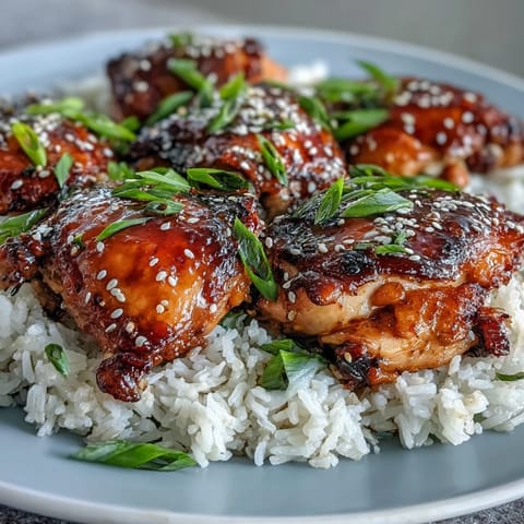 Savory-sweet honey garlic chicken thighs simmered until fall-apart tender, spooned over steaming rice with sesame garnish.  