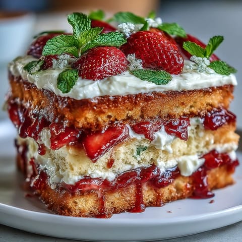 Light and airy sponge cake layered with whipped cream and juicy strawberries.