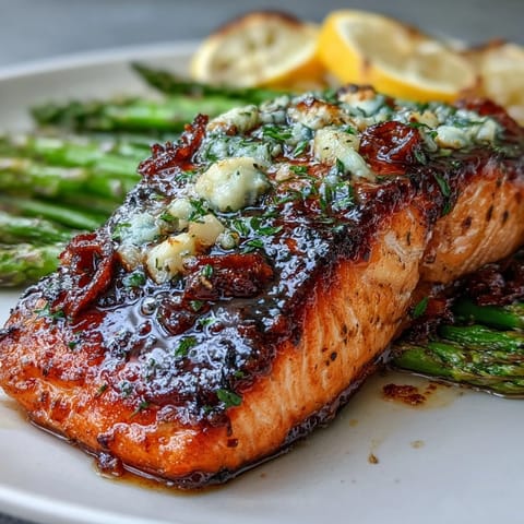 Garlic Butter Salmon with Asparagus sizzling in a skillet, golden fillets glazed in fragrant garlic butter sauce.