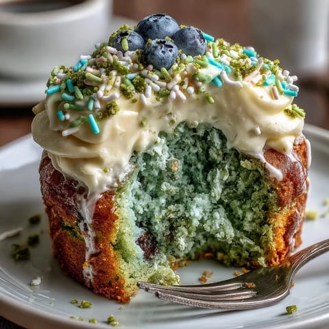 Vibrant mini matcha birthday cake ready for smashing, topped with creamy vanilla frosting.