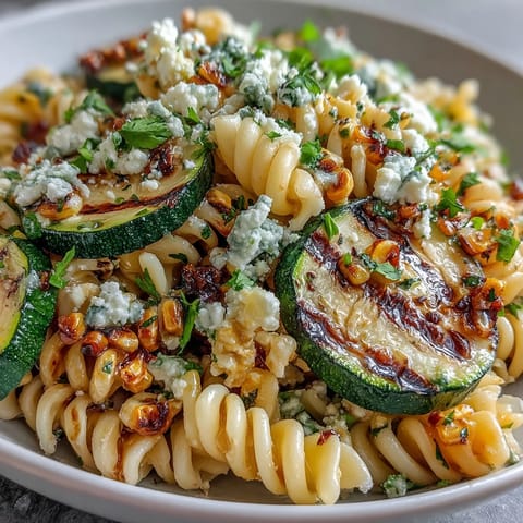 Summer pasta salad bursting with smoky grilled zucchini, corn, and crumbled Cotija.