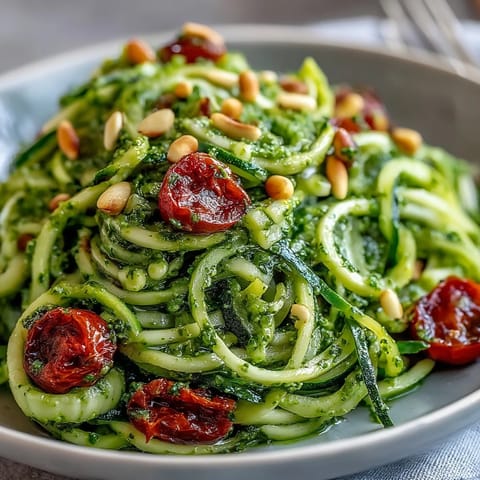 Fresh spiralized zucchini noodles coated in luscious avocado pesto, perfect light dinner.