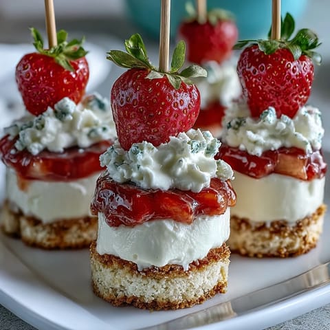 Mini Strawberry Shortcake Bites skewers with fresh berries and fluffy whipped cream.