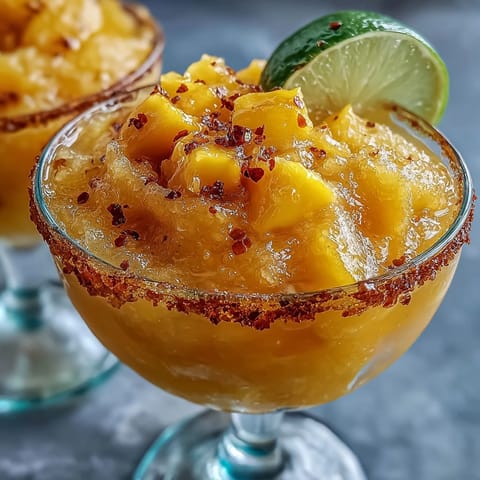 Refreshing non-alcoholic Spicy Mango Margarita Slushie garnished with chili-lime rim.