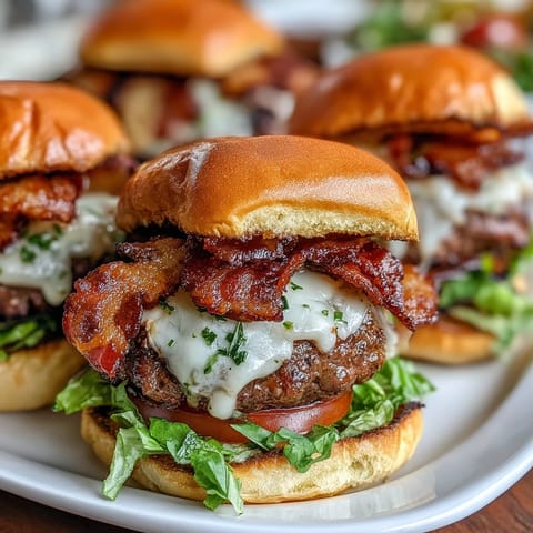 Juicy grilled Father's Day bacon burger sliders with melted cheese and fresh toppings.