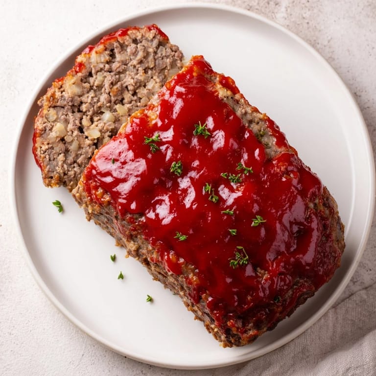 A close-up of savory meatloaf, showing the tender texture and a flavorful glaze on top.