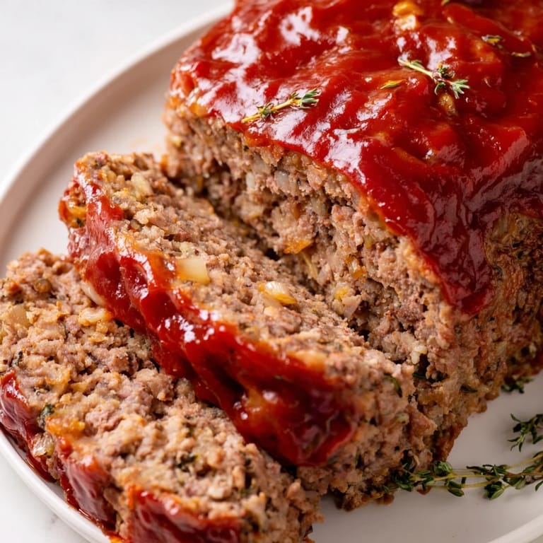 Homemade meatloaf, baked to a perfect golden brown, served alongside creamy mashed potatoes.