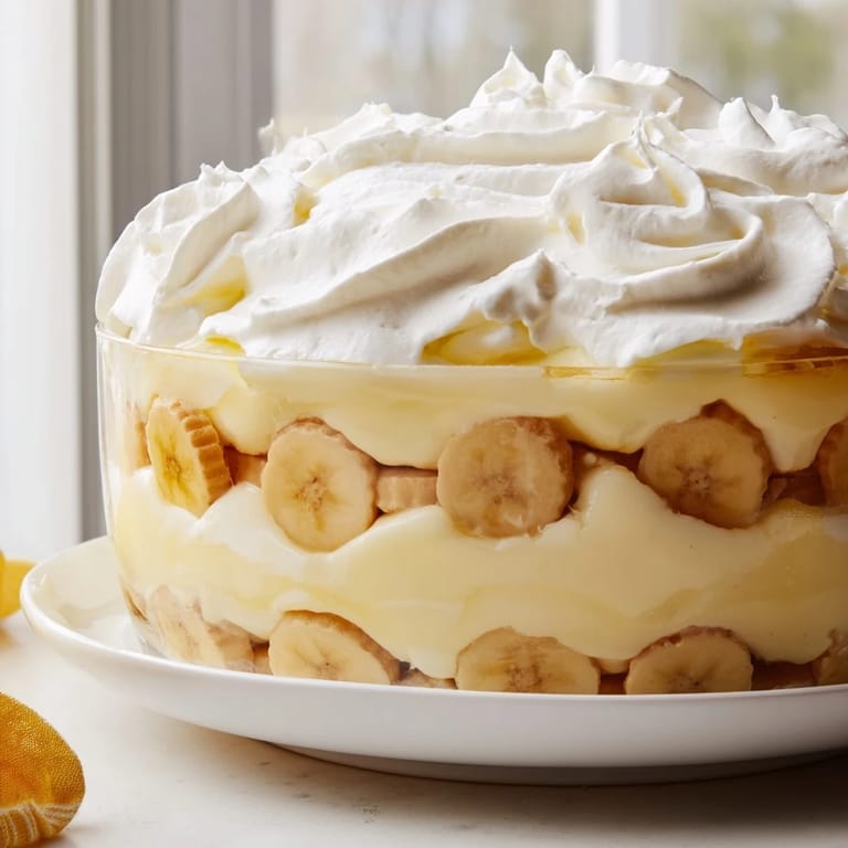 A close-up reveals a delightful layered banana pudding, topped with fluffy whipped cream.
