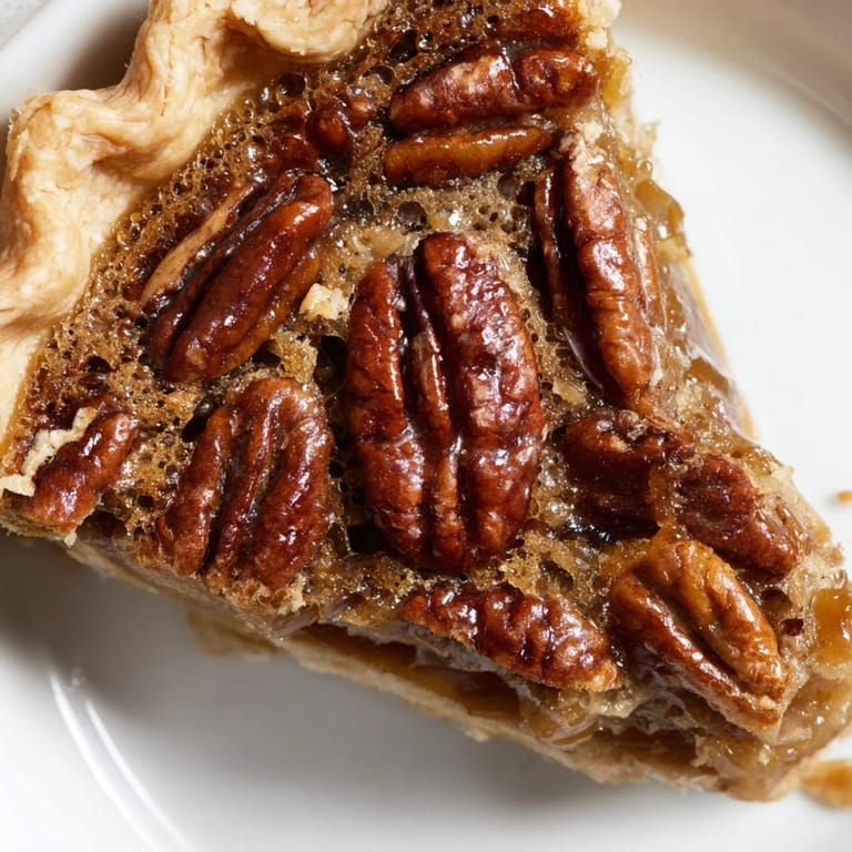 A slice of warm pecan pie, showcasing the gooey center and crunchy nuts on top.