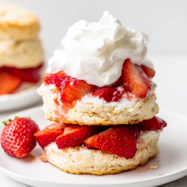 Close-up of a layered strawberry shortcake dessert showcasing juicy strawberries atop a biscuit base.