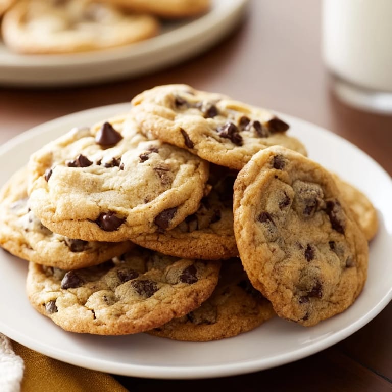 Warm, gooey chocolate chip cookies, fresh from the oven, offering a delightful homemade treat.