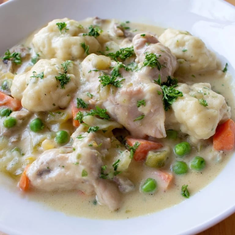 A steaming bowl of Chicken and Dumplings showcasing tender chicken and pillowy dumplings swimming in creamy broth.