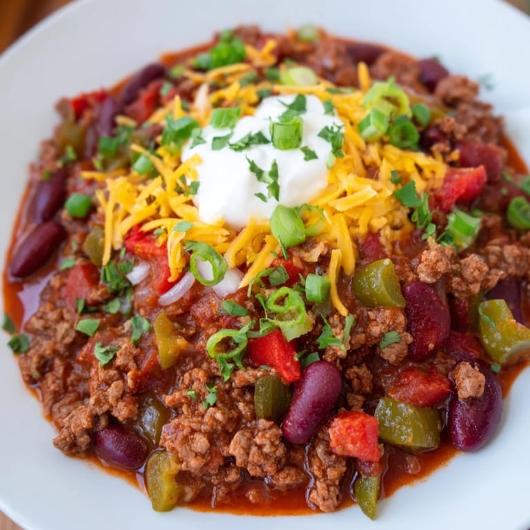Rich, savory Chili con Carne simmering in a Dutch oven with vibrant red bell peppers.
