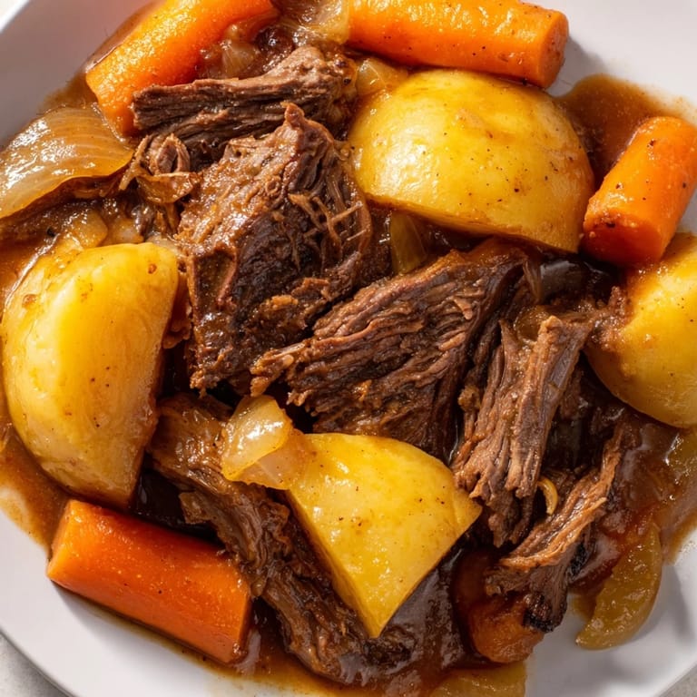 Close up shot of the succulent beef pot roast showcasing its beautiful fork-tender texture.