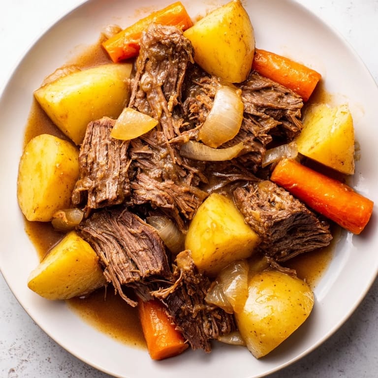 Steaming bowl of beef pot roast with rich, dark gravy, perfect for a cozy family meal.