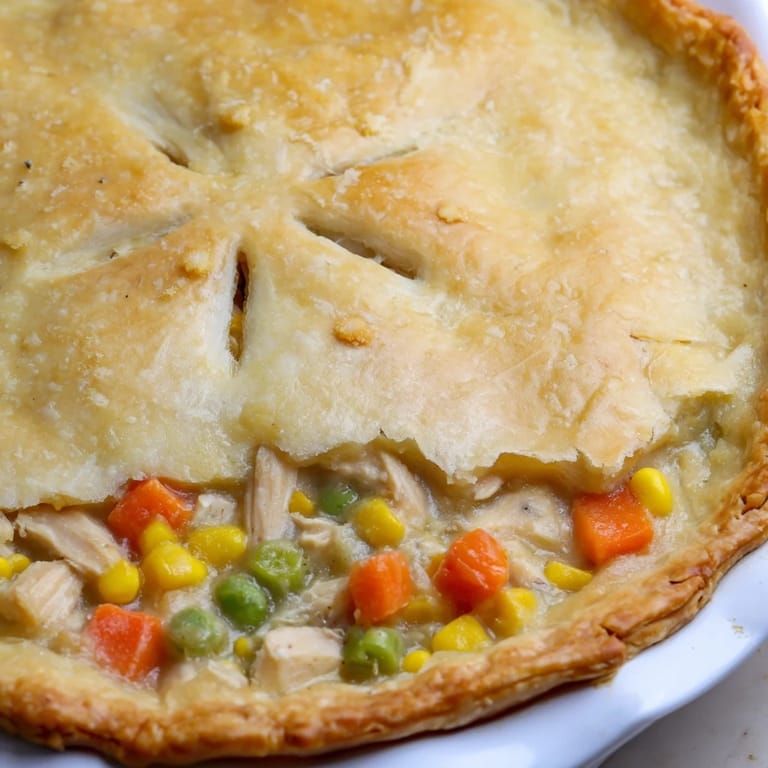 This chicken pot pie shows a hearty, creamy filling under a beautifully baked crust, ready to serve.