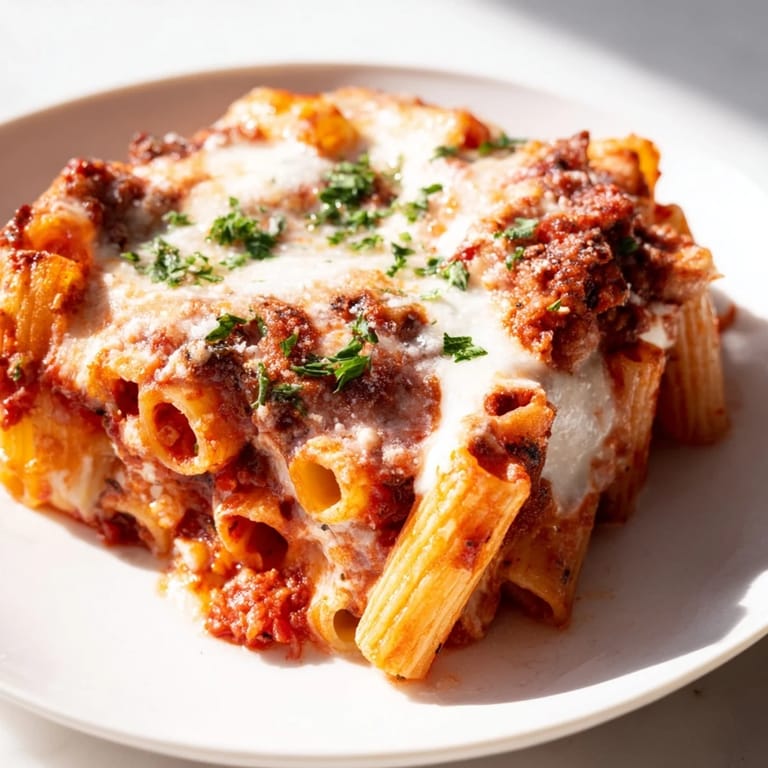 A close-up shot of baked ziti with golden-brown cheese topping a rich, savory pasta casserole.