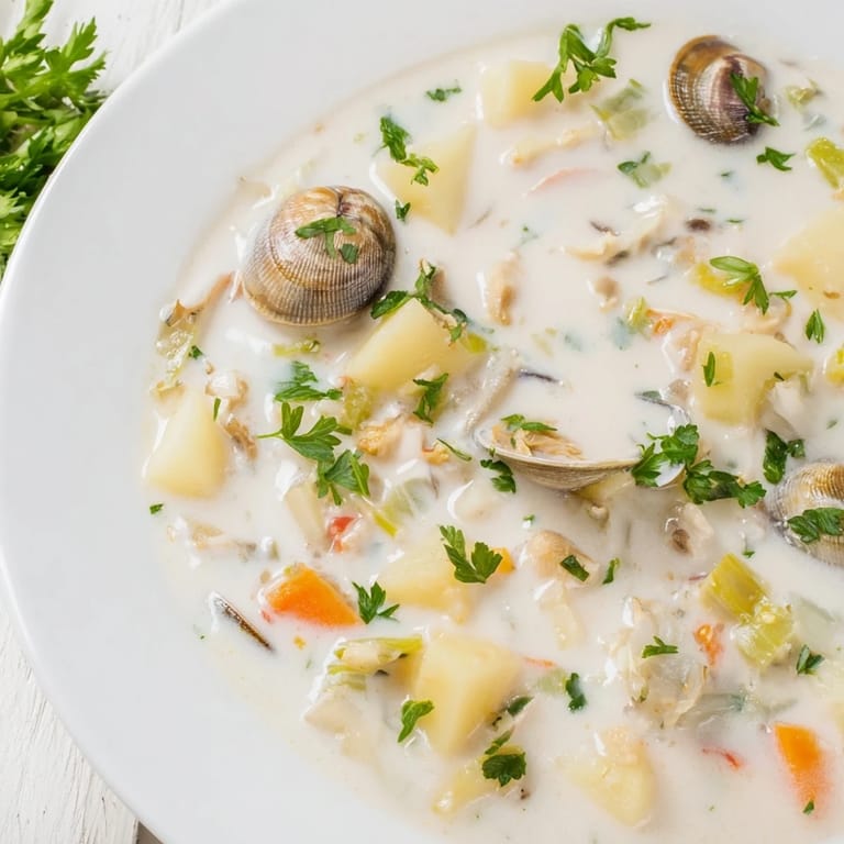 A steaming bowl of New England Clam Chowder with fresh parsley, perfect for a cozy dinner.