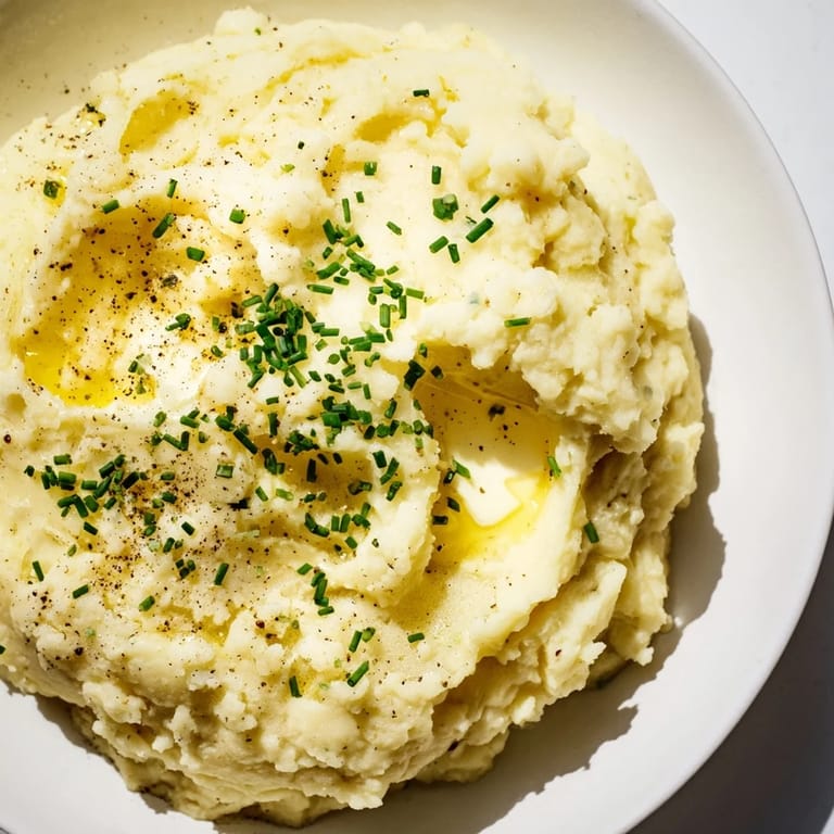 A close-up of creamy mashed potatoes, showing the smooth texture perfect for scooping up.