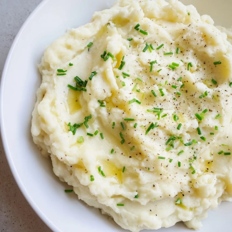 Hot, freshly made mashed potatoes, garnished with herbs, a quintessential American side dish.