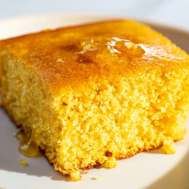 Freshly baked cornbread with a honey-golden hue; imagine its subtly sweet, savory deliciousness.