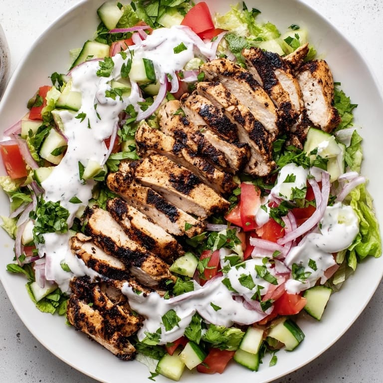 The vibrant Chicken Shawarma Salad is plated with spiced chicken, diced vegetables, and fresh parsley, ready for a quick and flavorful dinner.