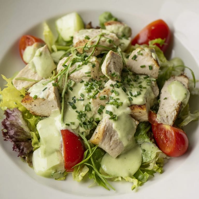 Hearty Avocado Ranch Chicken Salad served over mixed greens with celery and red onion, perfect for a light lunch or dinner.