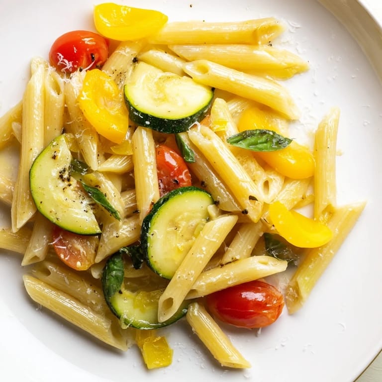 A close-up of a colorful bowl of garden veggie pasta, showcasing tender summer vegetables and Parmesan cheese, perfect for a light, easy weeknight dinner.