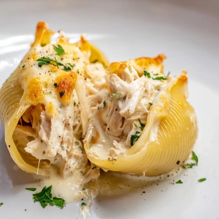 Creamy ricotta and shredded chicken peek from tender jumbo shells, swimming in rich Alfredo sauce and topped with fresh parsley.  