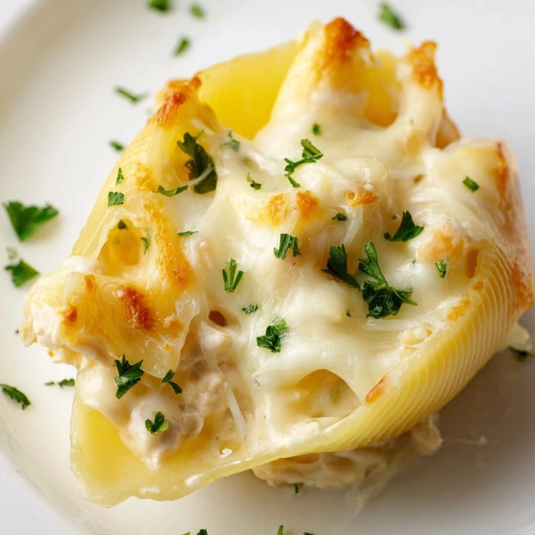 This comforting Chicken Alfredo Stuffed Shells casserole pairs perfectly with a side of garlic bread and a crisp green salad.
