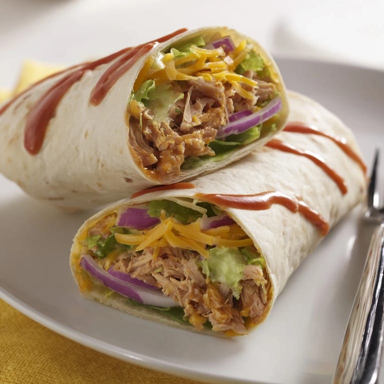 Buffalo Ranch Chicken Wrap cut on a diagonal, showcasing juicy buffalo chicken and crunchy lettuce in a soft tortilla.
