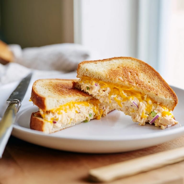Spicy tuna melt sandwich cut diagonally to show layers of gooey cheese, zesty tuna filling, and fresh tomato on buttery sourdough bread.  