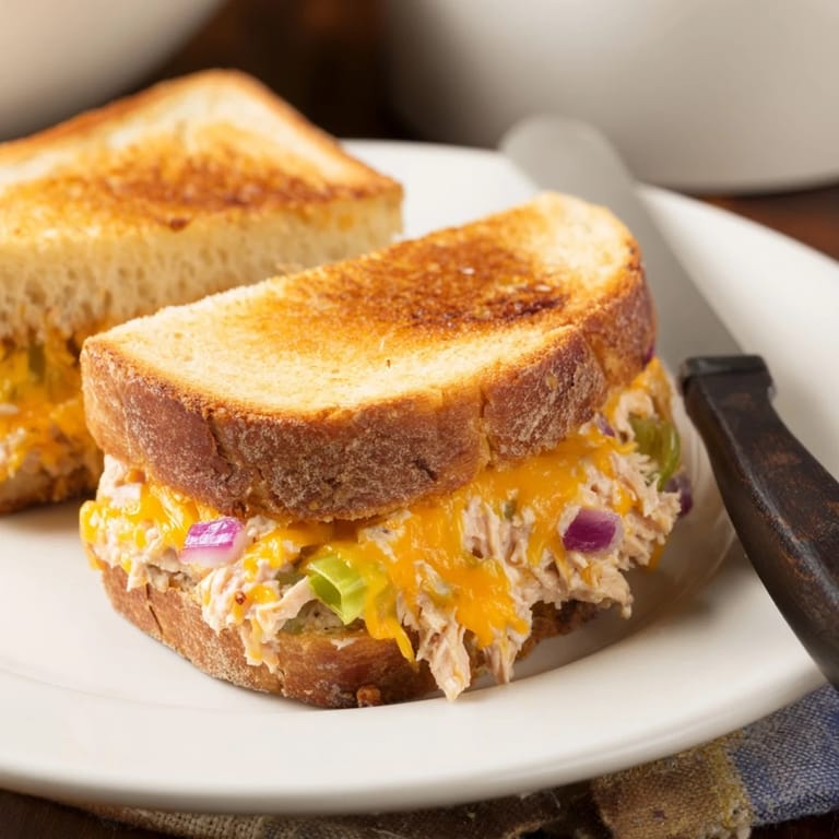 A close-up view of a homemade spicy tuna melt, highlighting the bubbly melted cheese, vibrant red tomatoes, and golden crisp crust.
