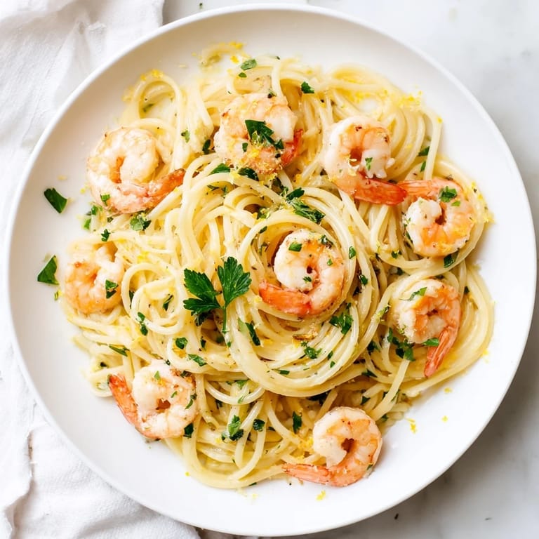 Bright lemon garlic shrimp pasta garnished with parsley, served warm with a lemon wedge on the side.