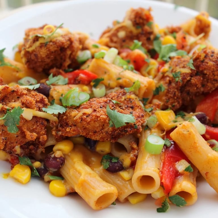 A close-up of Crispy Chicken Burrito Pasta shows melted cheddar and Monterey Jack stretching between penne, highlighting crispy chicken, red onion, and bell pepper.
