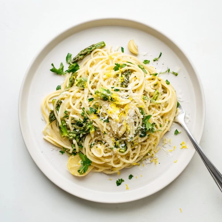 Bowl of Roasted Garlic & Asparagus Pasta garnished with fresh parsley and lemon zest, showcasing tender spaghetti and perfectly roasted garlic for a spring meal.