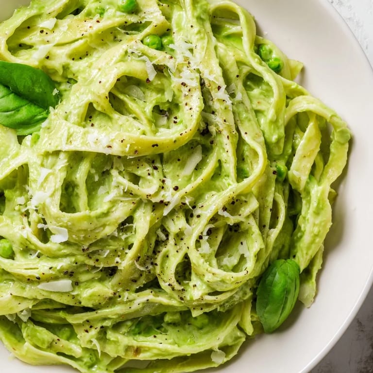 Close-up of Creamy Green Pea Alfredo pasta with Parmesan and lemon wedge on a rustic plate.