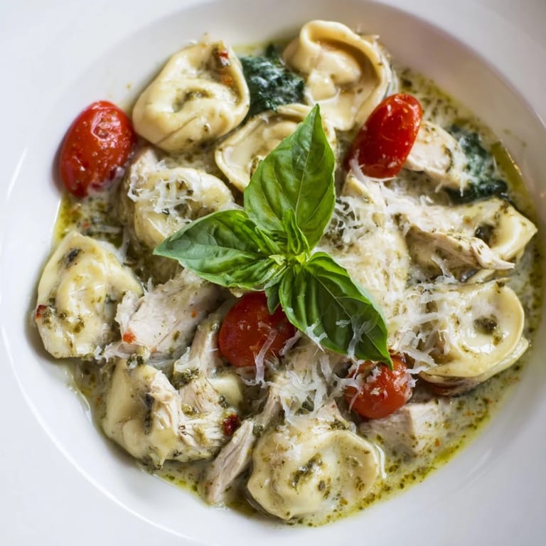 Golden cheese tortellini and shredded rotisserie chicken tossed in a bubbling creamy pesto sauce for a comforting skillet meal.