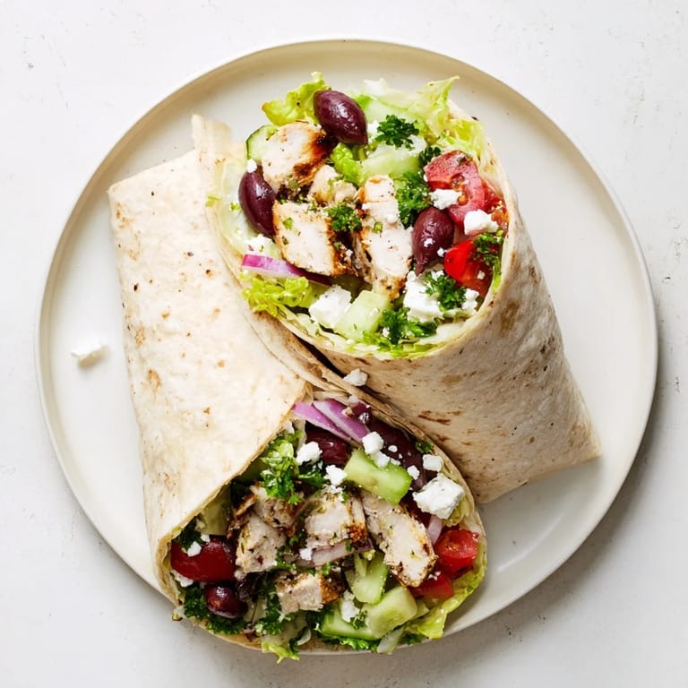 Grilled lemon chicken and crunchy Mediterranean salad stuffed inside a soft wrap, perfect for a fresh, protein-packed lunch or light dinner.