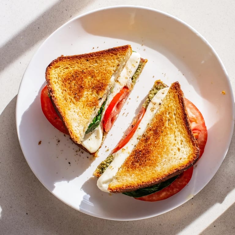 A vegetarian Caprese Pesto Grilled Cheese, cut diagonally to reveal layers of gooey mozzarella and ripe tomato between toasted, buttery bread.