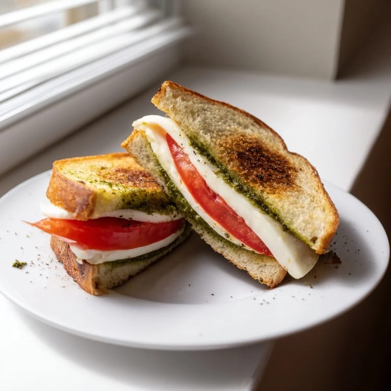 Serve this Caprese Pesto Grilled Cheese hot from the skillet with a side salad, its melted cheese pulling away from the golden crust.