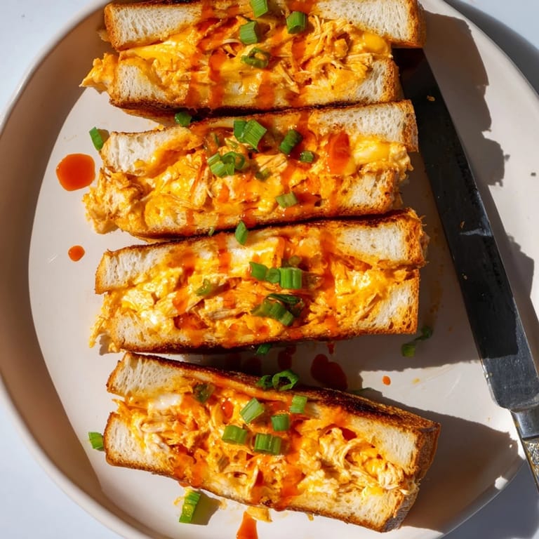 Close-up of a toasted, buttery Buffalo Chicken Ranch Grilled Cheese, highlighting the vibrant red sauce and melted cheese.